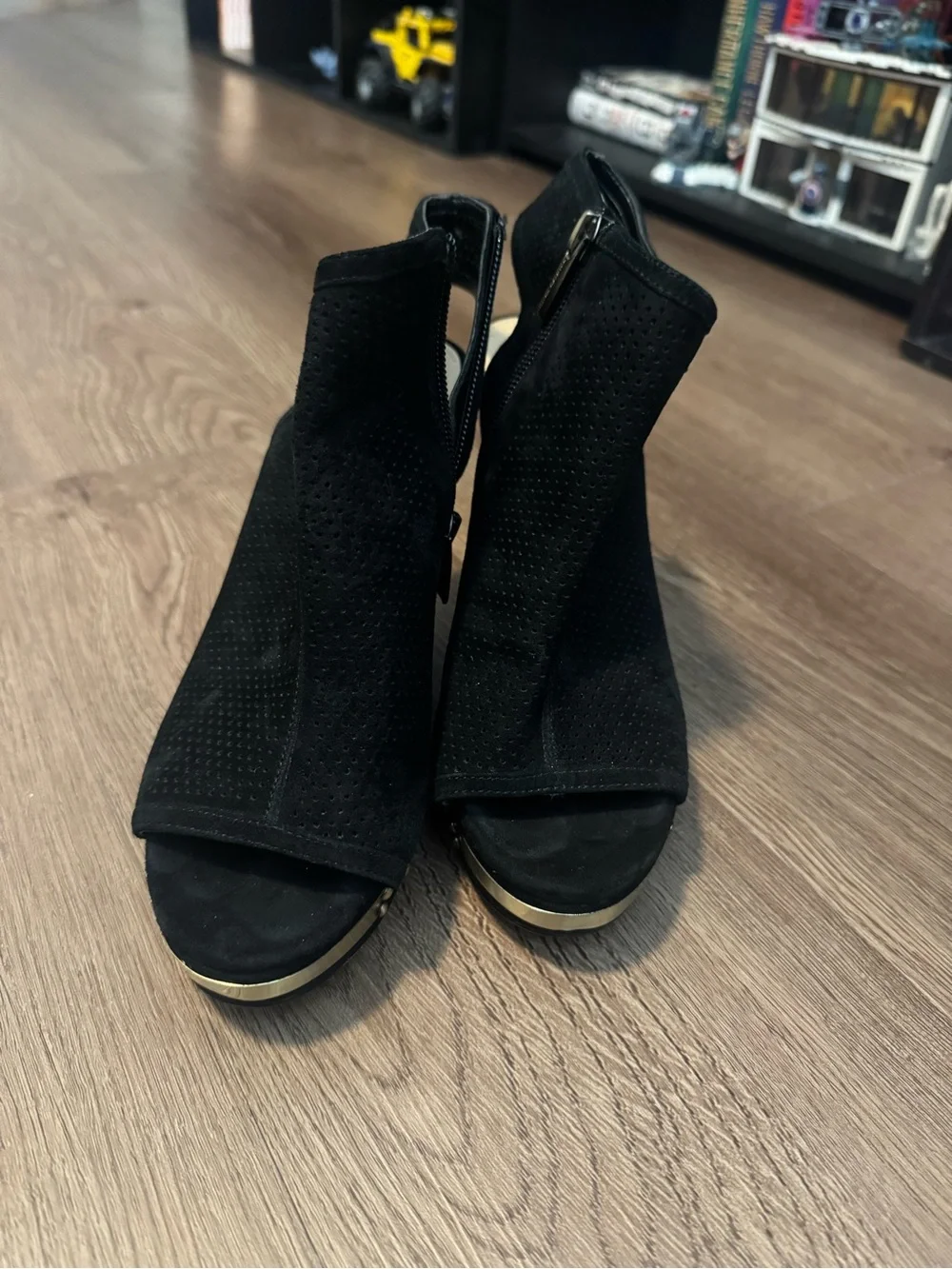 Vince Camuto Black Suede Open Toe/ Open Back Wedges